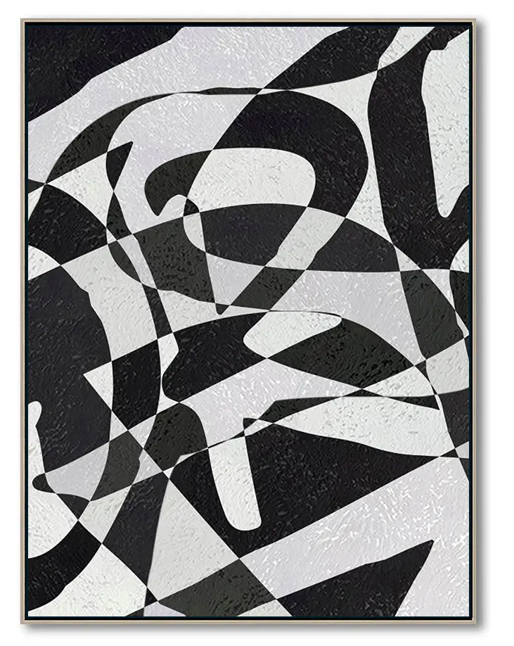 Modern Illusion Abstract Canvas Wall Art, Original Oil Painting, Black and White Living Room Wall Art Decor no. 59