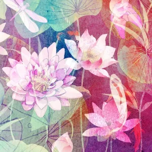 Asian Wall Art, Lotus Pond and Koi Fish Canvas Art Painting II