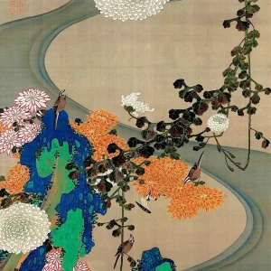 Chrysanthemums by a stream with rocks