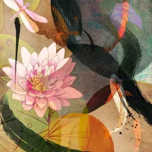 Summer Vibe Asian Wall Art, Lotus Pond and Koi Fish Canvas Art Painting