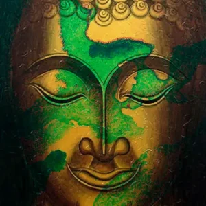 Green and Gold Buddha Portrait in Abstract Style